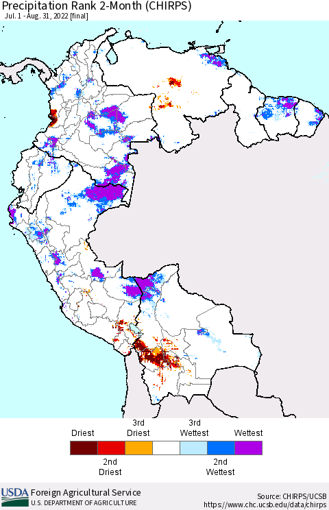 Northern South America Precipitation Rank since 1981, 2-Month (CHIRPS) Thematic Map For 7/1/2022 - 8/31/2022