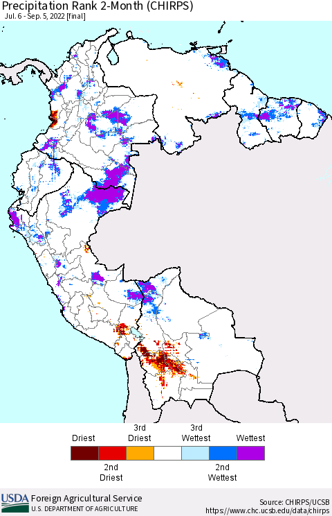 Northern South America Precipitation Rank since 1981, 2-Month (CHIRPS) Thematic Map For 7/6/2022 - 9/5/2022
