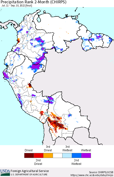 Northern South America Precipitation Rank since 1981, 2-Month (CHIRPS) Thematic Map For 7/11/2022 - 9/10/2022