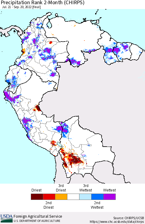 Northern South America Precipitation Rank since 1981, 2-Month (CHIRPS) Thematic Map For 7/21/2022 - 9/20/2022