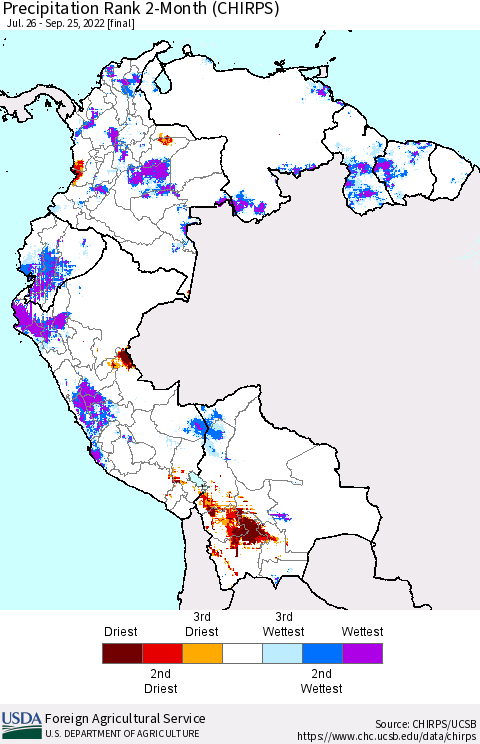 Northern South America Precipitation Rank since 1981, 2-Month (CHIRPS) Thematic Map For 7/26/2022 - 9/25/2022