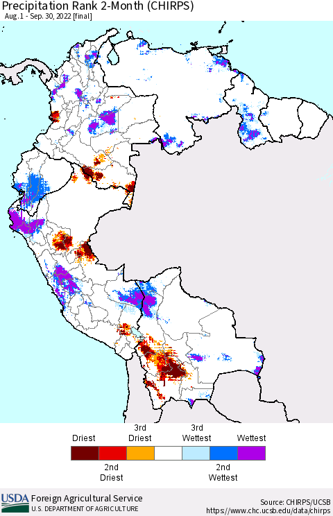 Northern South America Precipitation Rank since 1981, 2-Month (CHIRPS) Thematic Map For 8/1/2022 - 9/30/2022