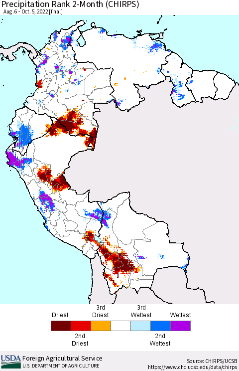 Northern South America Precipitation Rank since 1981, 2-Month (CHIRPS) Thematic Map For 8/6/2022 - 10/5/2022