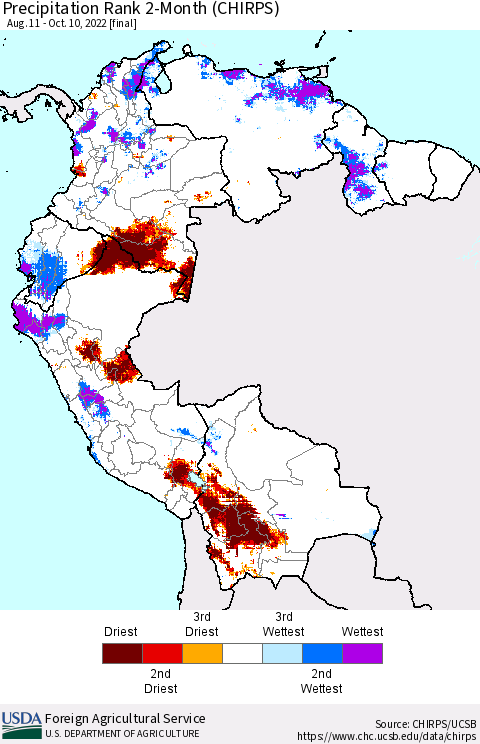 Northern South America Precipitation Rank since 1981, 2-Month (CHIRPS) Thematic Map For 8/11/2022 - 10/10/2022