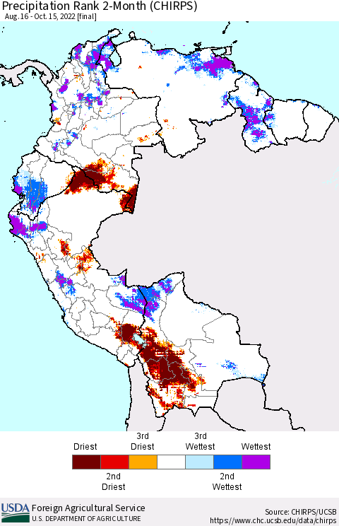 Northern South America Precipitation Rank since 1981, 2-Month (CHIRPS) Thematic Map For 8/16/2022 - 10/15/2022