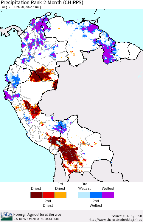 Northern South America Precipitation Rank since 1981, 2-Month (CHIRPS) Thematic Map For 8/21/2022 - 10/20/2022