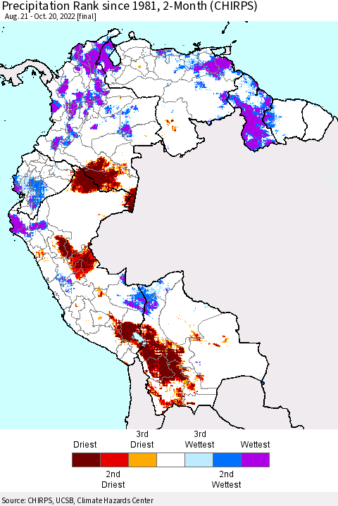 Northern South America Precipitation Rank since 1981, 2-Month (CHIRPS) Thematic Map For 8/21/2022 - 10/20/2022