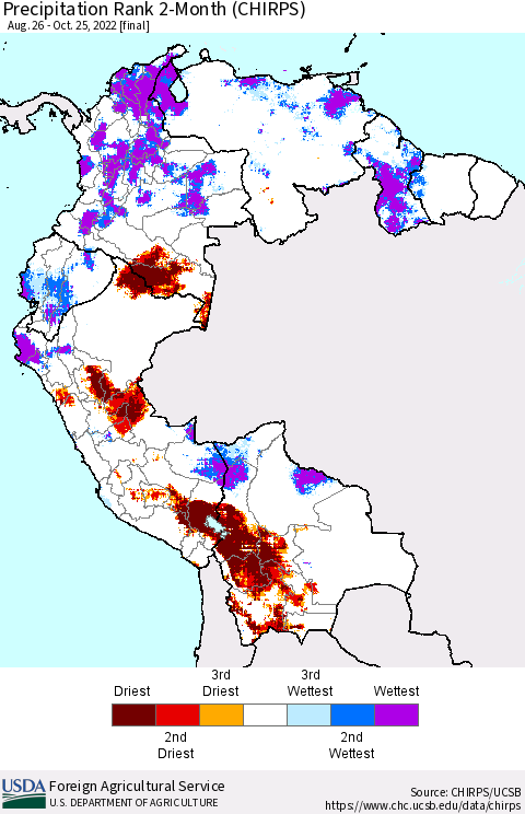 Northern South America Precipitation Rank since 1981, 2-Month (CHIRPS) Thematic Map For 8/26/2022 - 10/25/2022