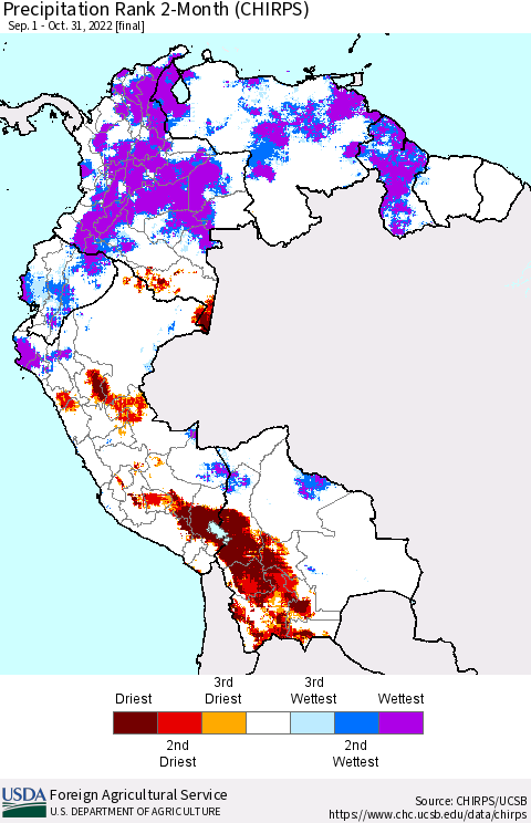 Northern South America Precipitation Rank since 1981, 2-Month (CHIRPS) Thematic Map For 9/1/2022 - 10/31/2022
