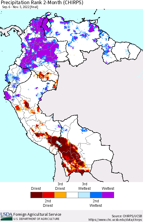 Northern South America Precipitation Rank since 1981, 2-Month (CHIRPS) Thematic Map For 9/6/2022 - 11/5/2022