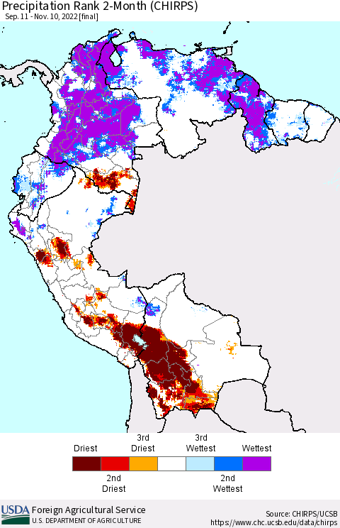 Northern South America Precipitation Rank since 1981, 2-Month (CHIRPS) Thematic Map For 9/11/2022 - 11/10/2022