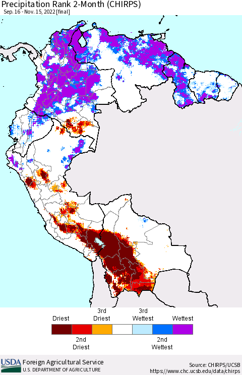 Northern South America Precipitation Rank since 1981, 2-Month (CHIRPS) Thematic Map For 9/16/2022 - 11/15/2022