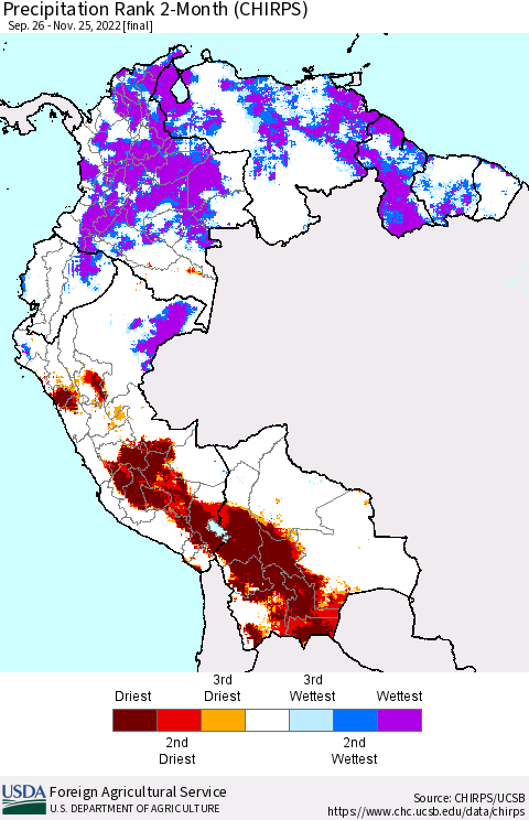 Northern South America Precipitation Rank since 1981, 2-Month (CHIRPS) Thematic Map For 9/26/2022 - 11/25/2022