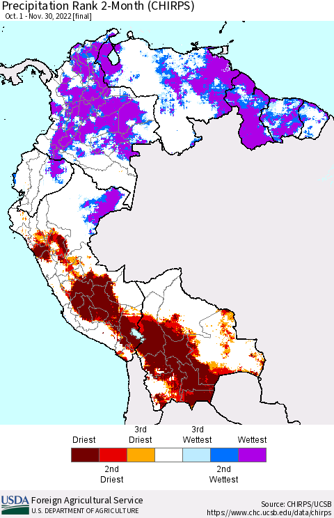 Northern South America Precipitation Rank since 1981, 2-Month (CHIRPS) Thematic Map For 10/1/2022 - 11/30/2022