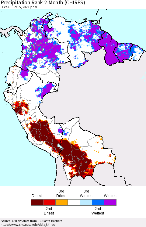 Northern South America Precipitation Rank since 1981, 2-Month (CHIRPS) Thematic Map For 10/6/2022 - 12/5/2022