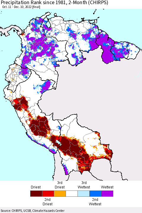 Northern South America Precipitation Rank since 1981, 2-Month (CHIRPS) Thematic Map For 10/11/2022 - 12/10/2022