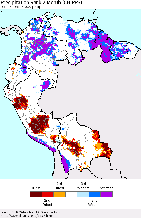 Northern South America Precipitation Rank since 1981, 2-Month (CHIRPS) Thematic Map For 10/16/2022 - 12/15/2022