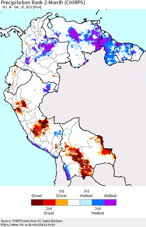 Northern South America Precipitation Rank since 1981, 2-Month (CHIRPS) Thematic Map For 10/26/2022 - 12/25/2022