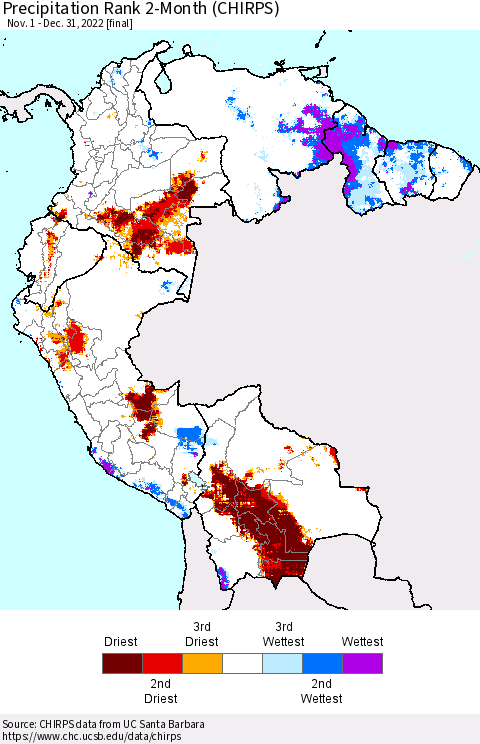 Northern South America Precipitation Rank since 1981, 2-Month (CHIRPS) Thematic Map For 11/1/2022 - 12/31/2022