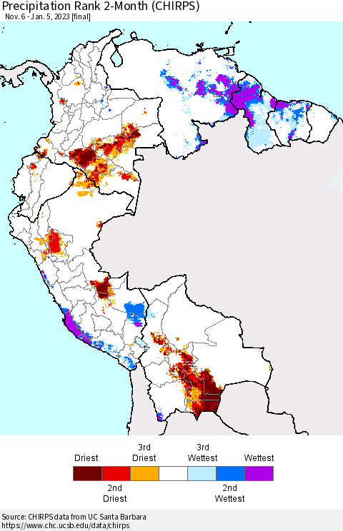 Northern South America Precipitation Rank 2-Month (CHIRPS) Thematic Map For 11/6/2022 - 1/5/2023