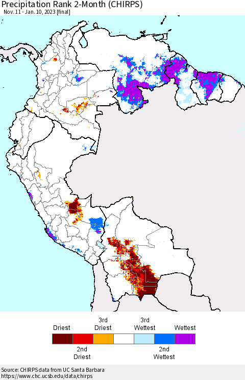 Northern South America Precipitation Rank 2-Month (CHIRPS) Thematic Map For 11/11/2022 - 1/10/2023