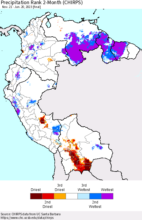 Northern South America Precipitation Rank since 1981, 2-Month (CHIRPS) Thematic Map For 11/21/2022 - 1/20/2023