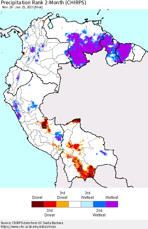 Northern South America Precipitation Rank 2-Month (CHIRPS) Thematic Map For 11/26/2022 - 1/25/2023