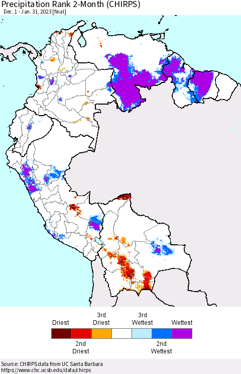 Northern South America Precipitation Rank 2-Month (CHIRPS) Thematic Map For 12/1/2022 - 1/31/2023