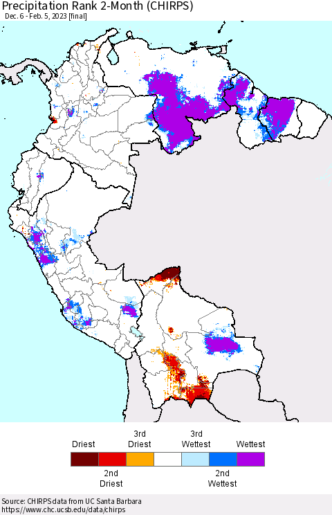 Northern South America Precipitation Rank since 1981, 2-Month (CHIRPS) Thematic Map For 12/6/2022 - 2/5/2023
