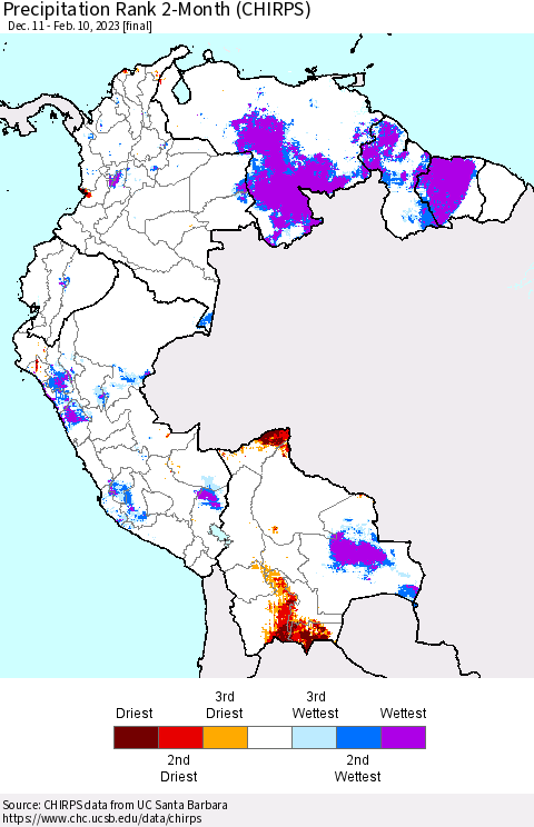 Northern South America Precipitation Rank 2-Month (CHIRPS) Thematic Map For 12/11/2022 - 2/10/2023