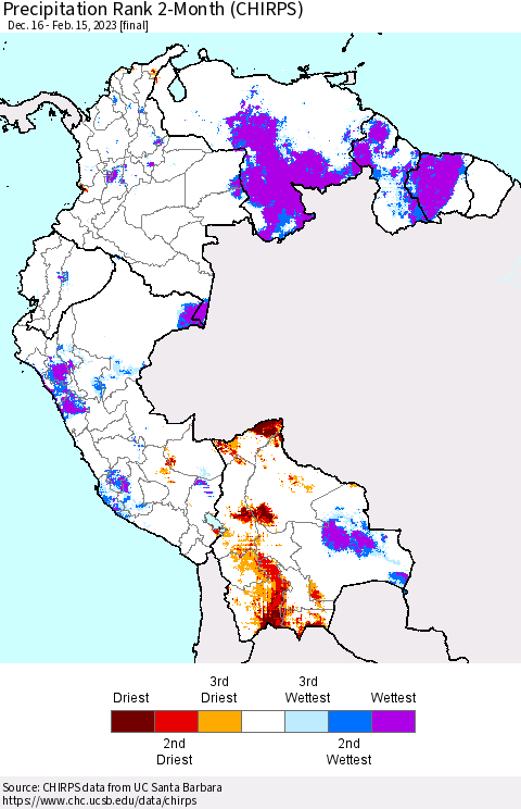 Northern South America Precipitation Rank 2-Month (CHIRPS) Thematic Map For 12/16/2022 - 2/15/2023