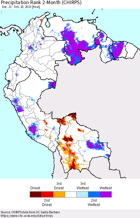 Northern South America Precipitation Rank since 1981, 2-Month (CHIRPS) Thematic Map For 12/21/2022 - 2/20/2023