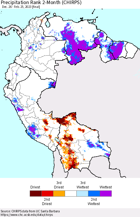 Northern South America Precipitation Rank 2-Month (CHIRPS) Thematic Map For 12/26/2022 - 2/25/2023