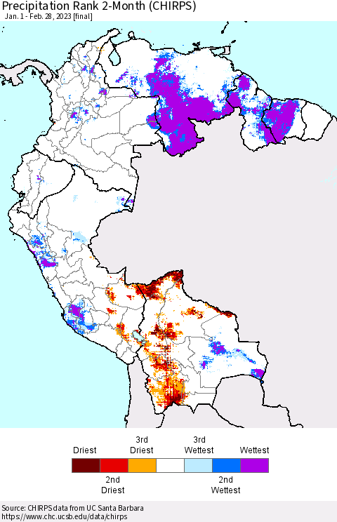Northern South America Precipitation Rank 2-Month (CHIRPS) Thematic Map For 1/1/2023 - 2/28/2023