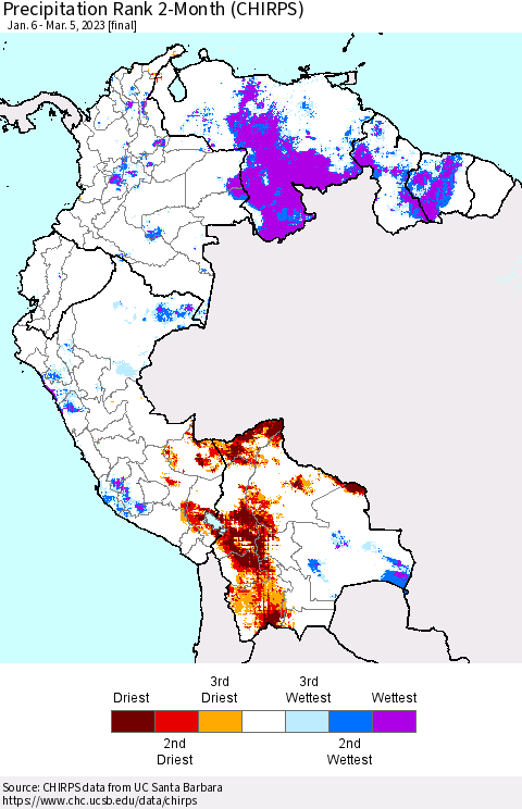 Northern South America Precipitation Rank since 1981, 2-Month (CHIRPS) Thematic Map For 1/6/2023 - 3/5/2023