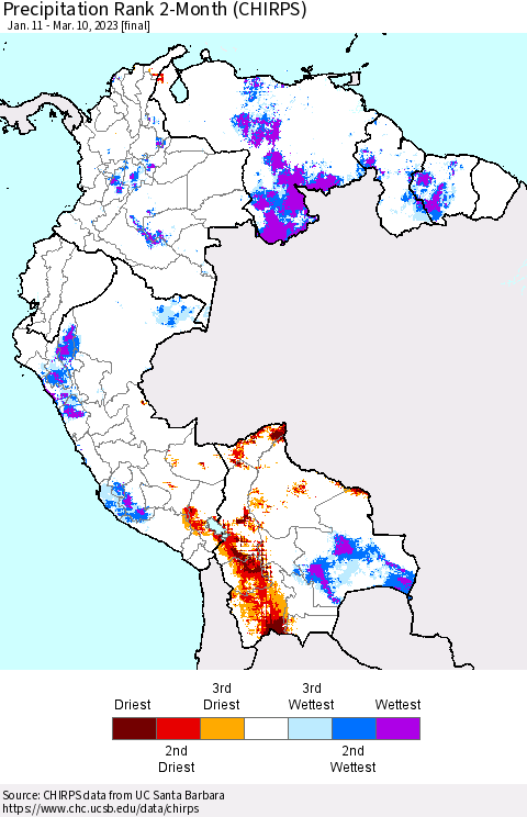 Northern South America Precipitation Rank since 1981, 2-Month (CHIRPS) Thematic Map For 1/11/2023 - 3/10/2023