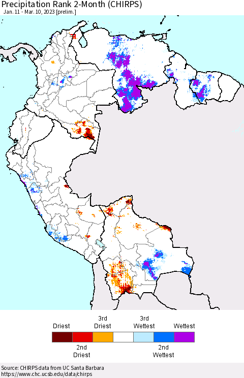 Northern South America Precipitation Rank 2-Month (CHIRPS) Thematic Map For 1/11/2023 - 3/10/2023