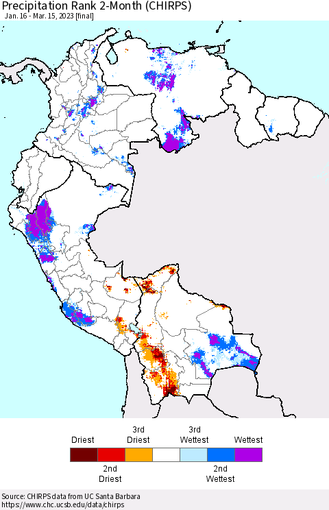 Northern South America Precipitation Rank since 1981, 2-Month (CHIRPS) Thematic Map For 1/16/2023 - 3/15/2023