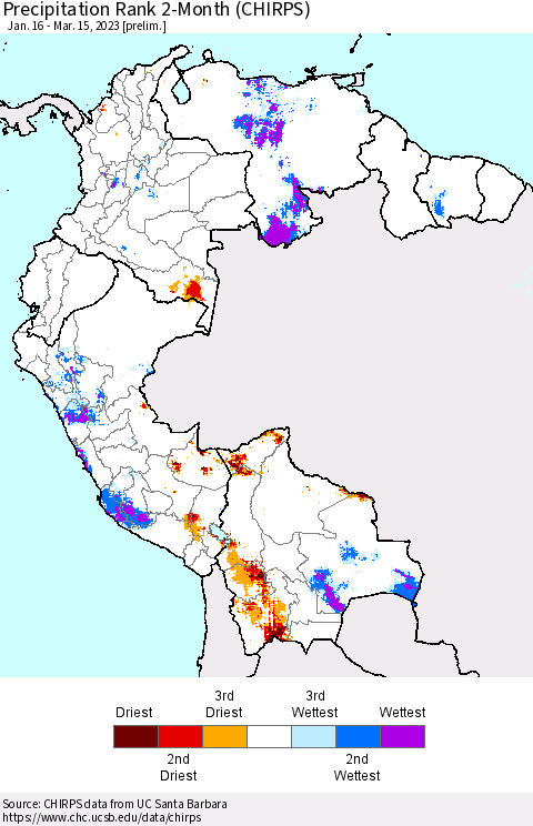 Northern South America Precipitation Rank 2-Month (CHIRPS) Thematic Map For 1/16/2023 - 3/15/2023