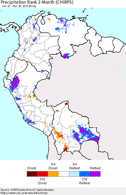 Northern South America Precipitation Rank since 1981, 2-Month (CHIRPS) Thematic Map For 1/21/2023 - 3/20/2023