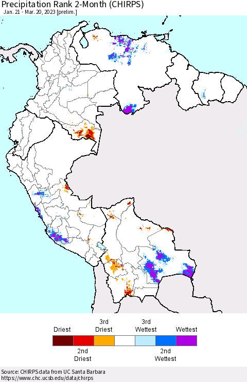 Northern South America Precipitation Rank 2-Month (CHIRPS) Thematic Map For 1/21/2023 - 3/20/2023