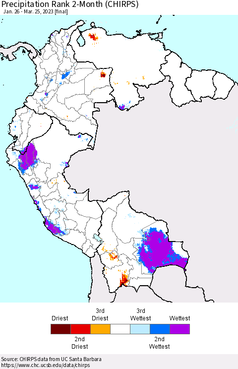 Northern South America Precipitation Rank since 1981, 2-Month (CHIRPS) Thematic Map For 1/26/2023 - 3/25/2023
