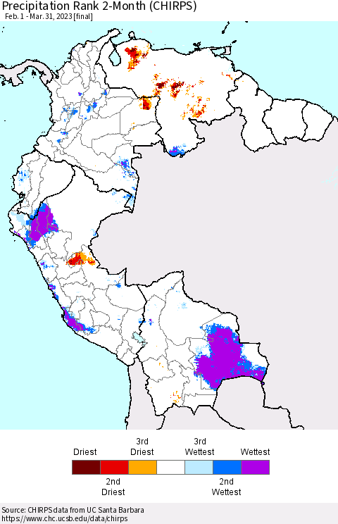 Northern South America Precipitation Rank since 1981, 2-Month (CHIRPS) Thematic Map For 2/1/2023 - 3/31/2023