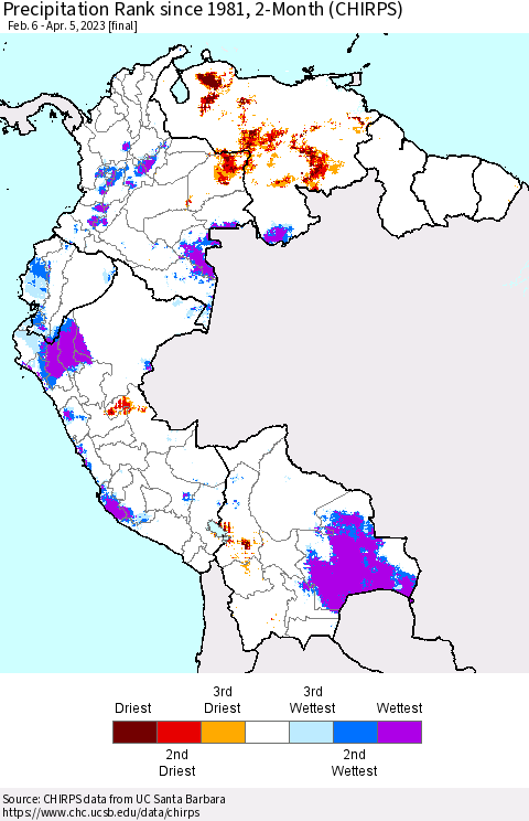 Northern South America Precipitation Rank since 1981, 2-Month (CHIRPS) Thematic Map For 2/6/2023 - 4/5/2023