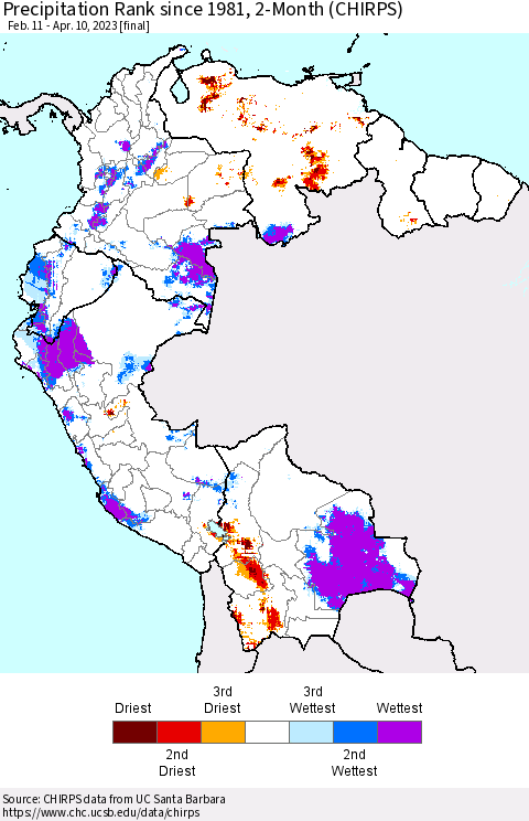 Northern South America Precipitation Rank since 1981, 2-Month (CHIRPS) Thematic Map For 2/11/2023 - 4/10/2023