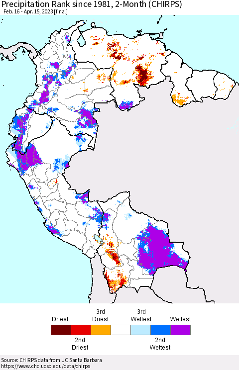 Northern South America Precipitation Rank since 1981, 2-Month (CHIRPS) Thematic Map For 2/16/2023 - 4/15/2023