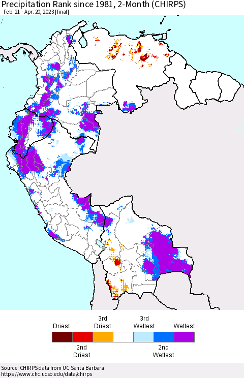 Northern South America Precipitation Rank since 1981, 2-Month (CHIRPS) Thematic Map For 2/21/2023 - 4/20/2023