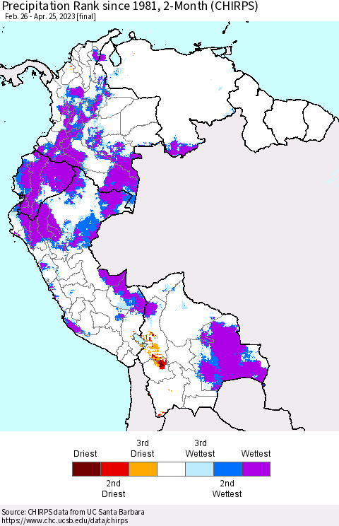 Northern South America Precipitation Rank since 1981, 2-Month (CHIRPS) Thematic Map For 2/26/2023 - 4/25/2023