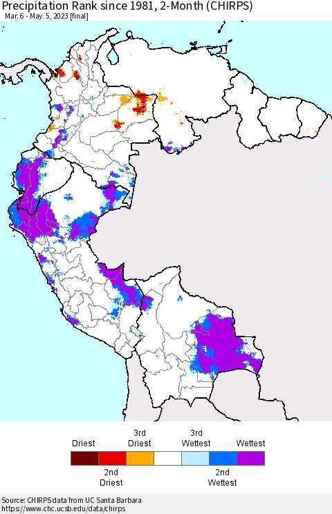 Northern South America Precipitation Rank since 1981, 2-Month (CHIRPS) Thematic Map For 3/6/2023 - 5/5/2023