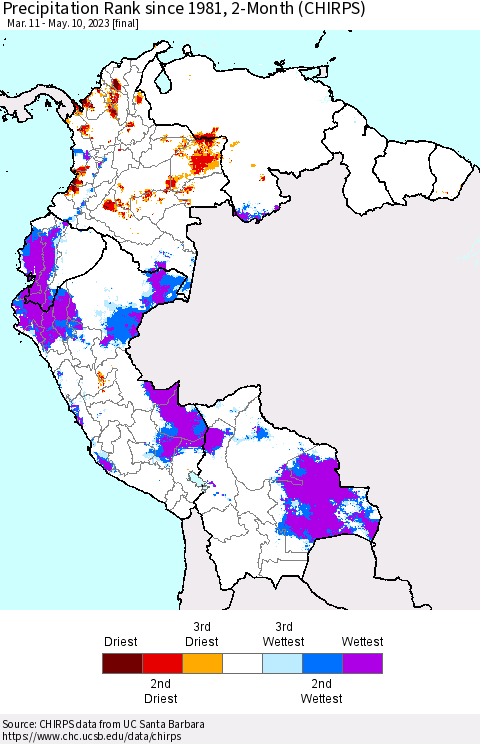 Northern South America Precipitation Rank since 1981, 2-Month (CHIRPS) Thematic Map For 3/11/2023 - 5/10/2023